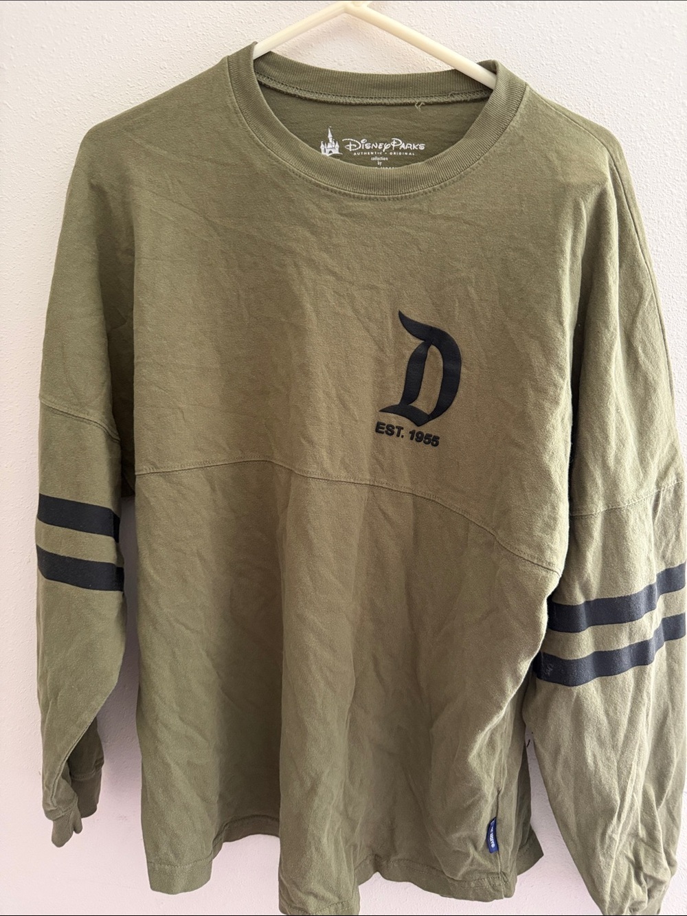 Disney Olive Green Crewneck Sweatshirt with Navy Stripes